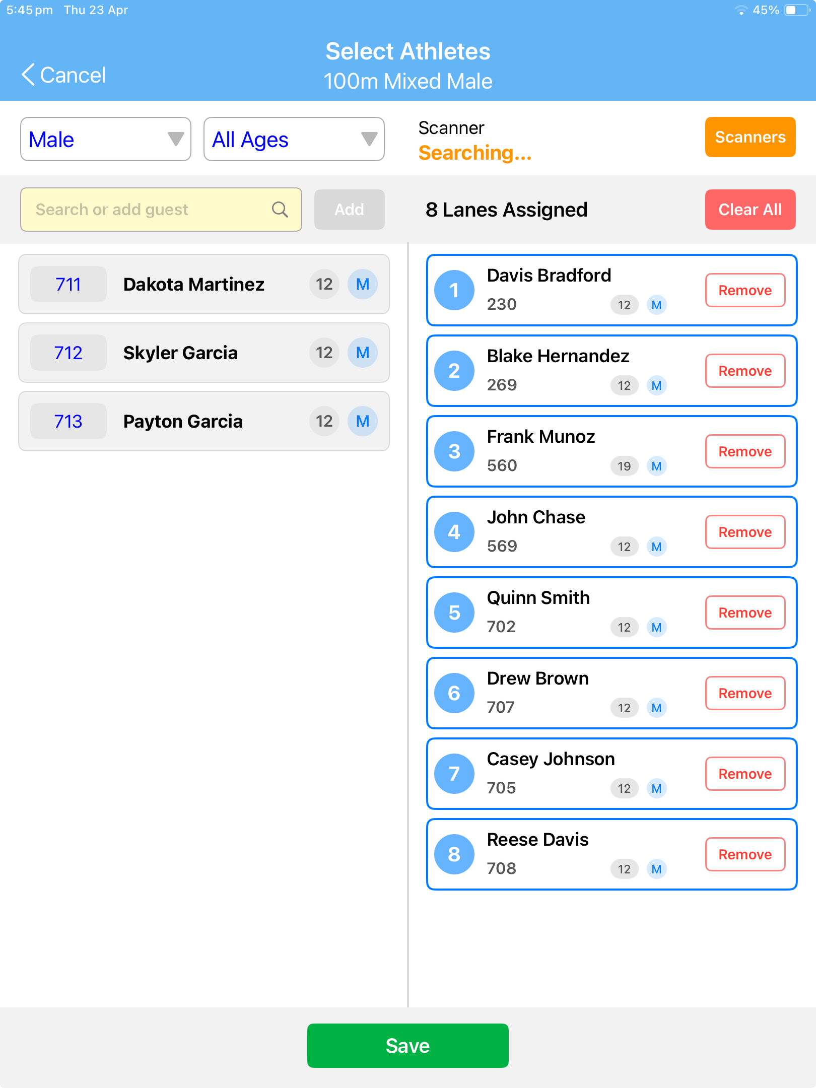 SplitFast Timing App Select Athletes screen showing split view with unassigned male athletes on left and 8 lanes assigned on right with Remove buttons for 100m Mixed Male